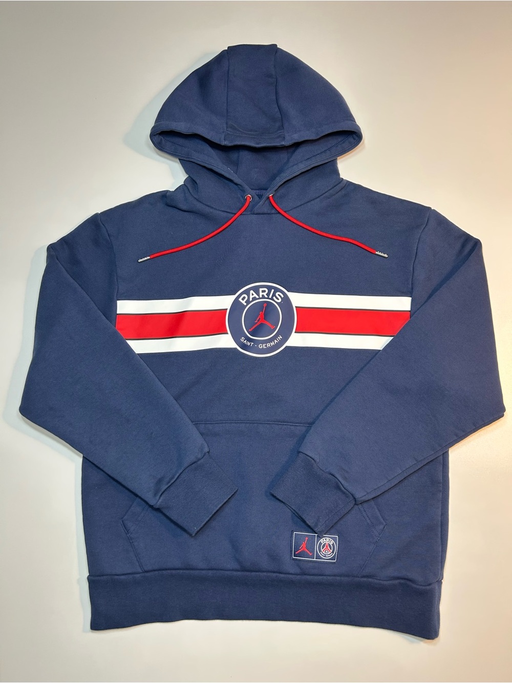 Nike Jordan x PSG Paris Saint-Germain Fleece Pullover Hoodie Navy Red Stripe